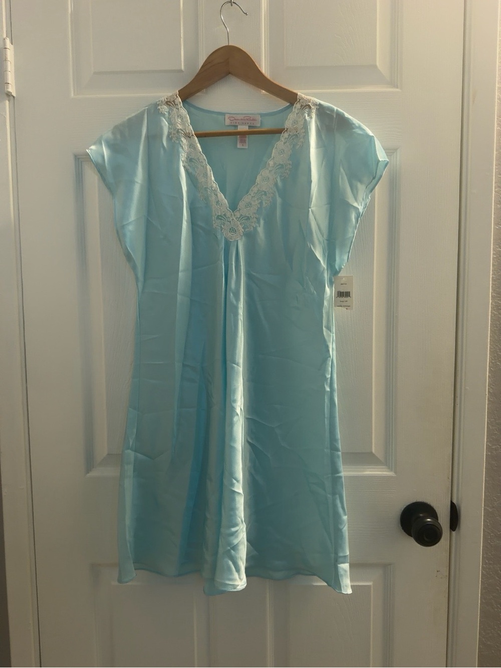 Oscar de la Renta Light Blue Satin Lace-Trim Chemise